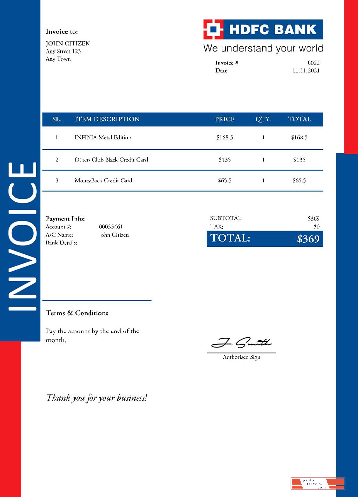 USA HDFC invoice template PSD template